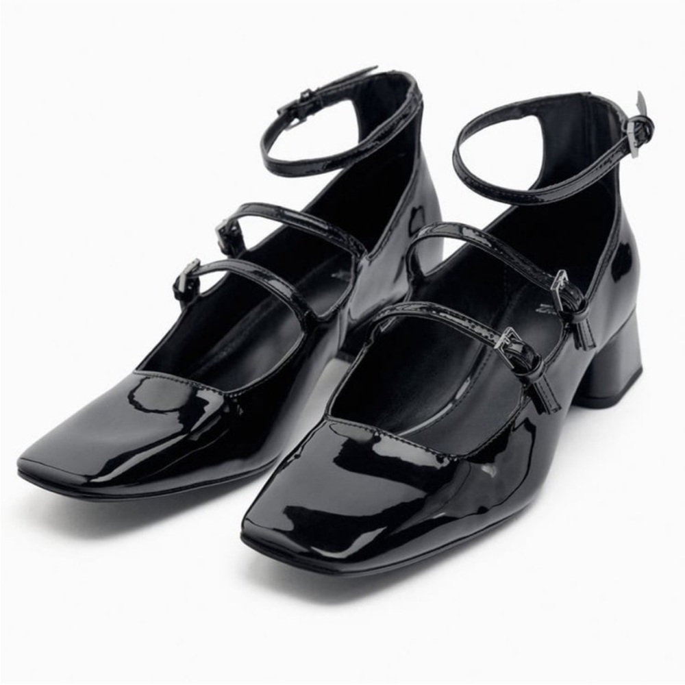 Zara Black Faux Patent Finish Block Heel